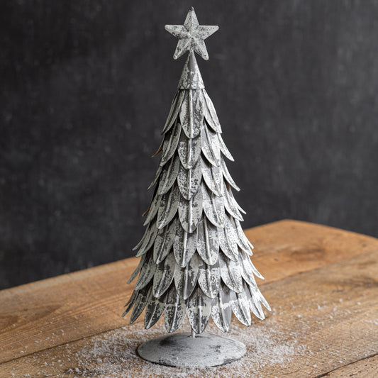 15-inch metal Christmas tree with a large star at the top, perfect for adding vintage charm to holiday decor on mantels, coffee tables, or countertops.