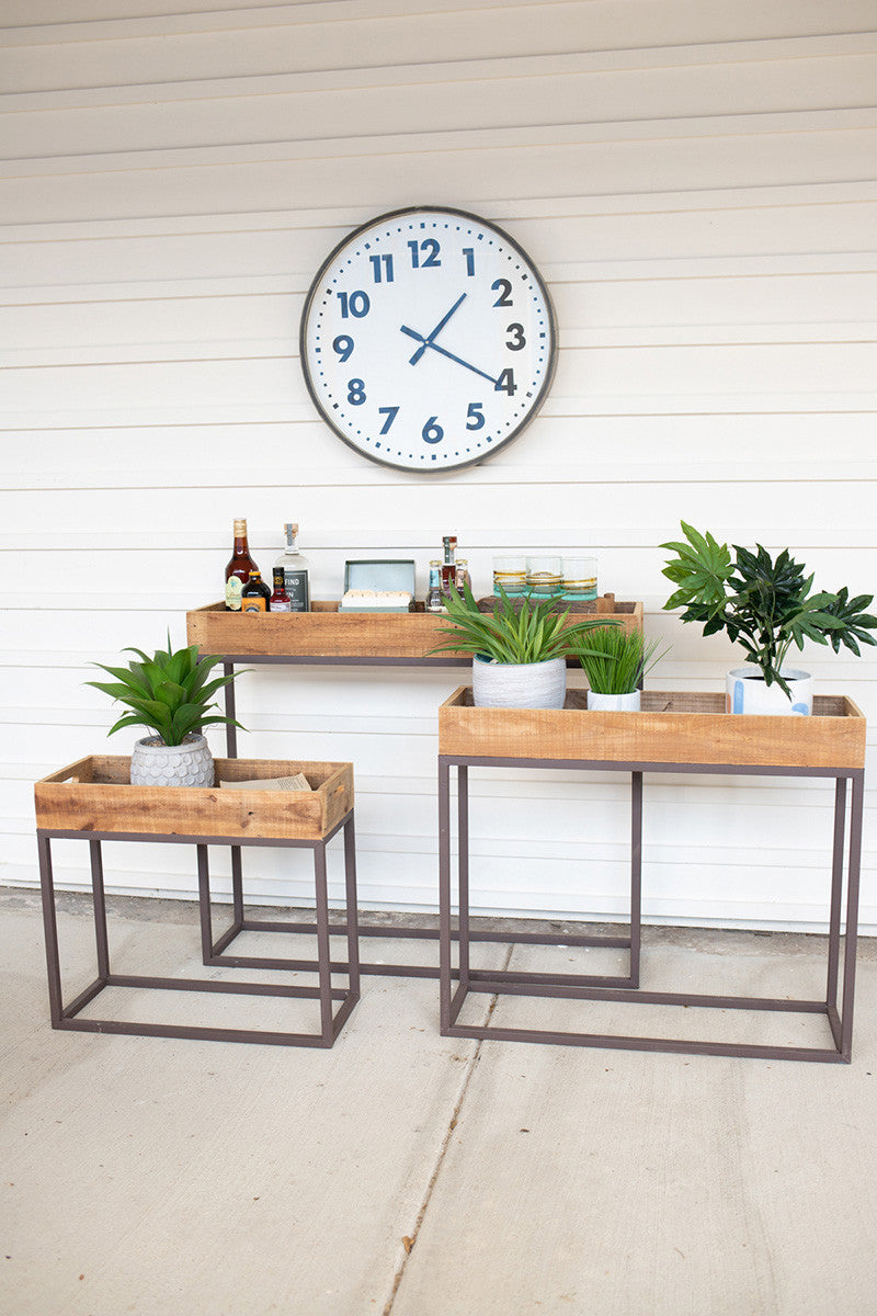 Set of 3 Rustic Recycled Wood Console Trays on Metal Bases