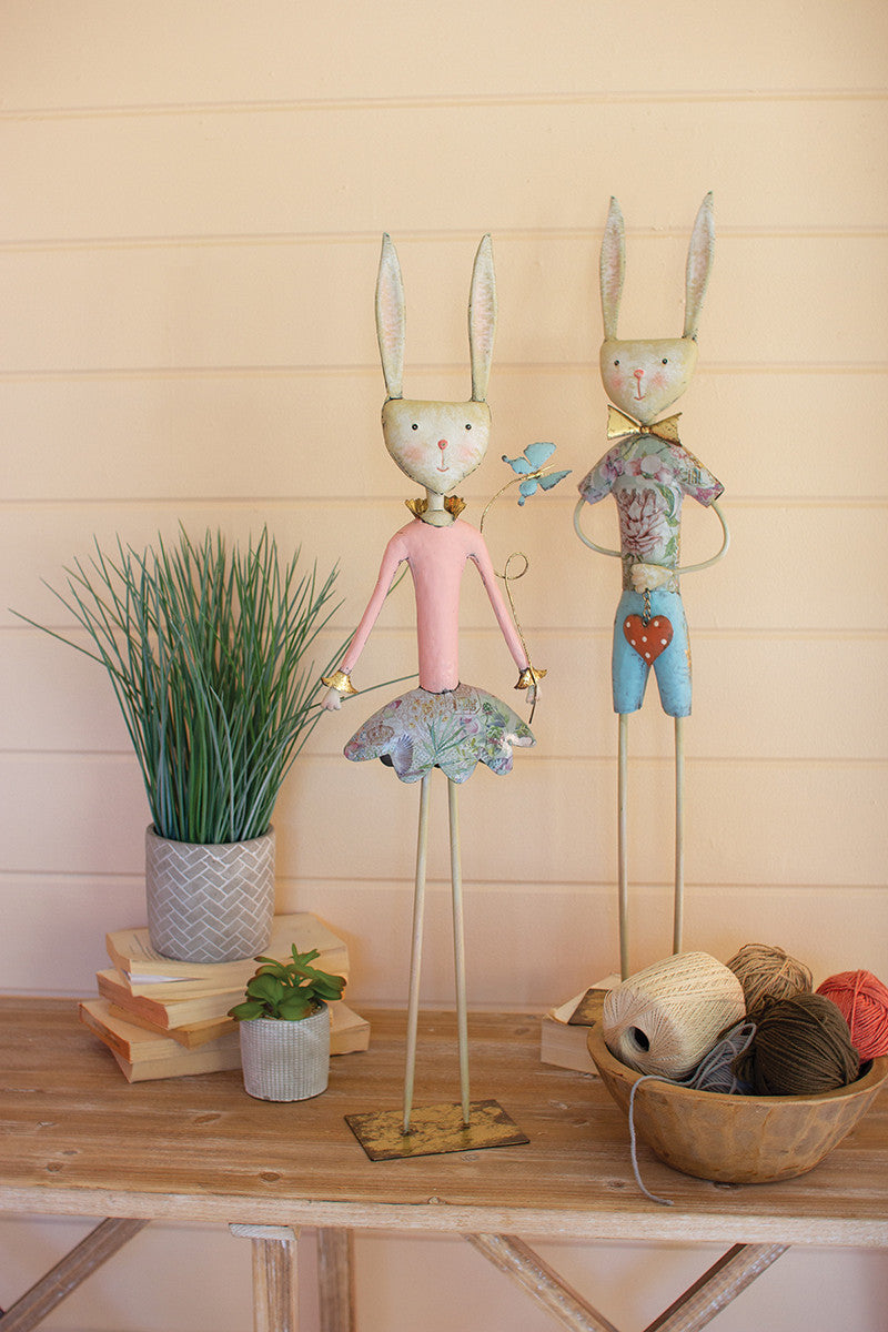 Set of 2 Painted Metal Long-Legged Boy and Girl Rabbits