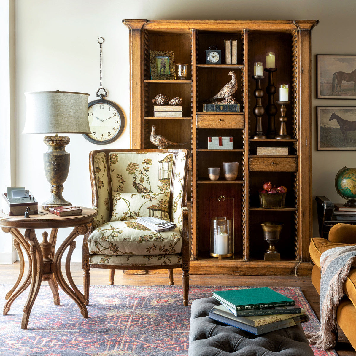 Flourish Pattern Wood Framed Wing Chair