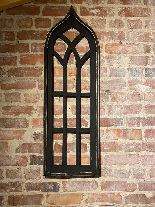 12 pane wooden window frame in caviar black, rustic wall decor piece with a distressed finish, perfect for farmhouse or vintage-inspired home interiors.