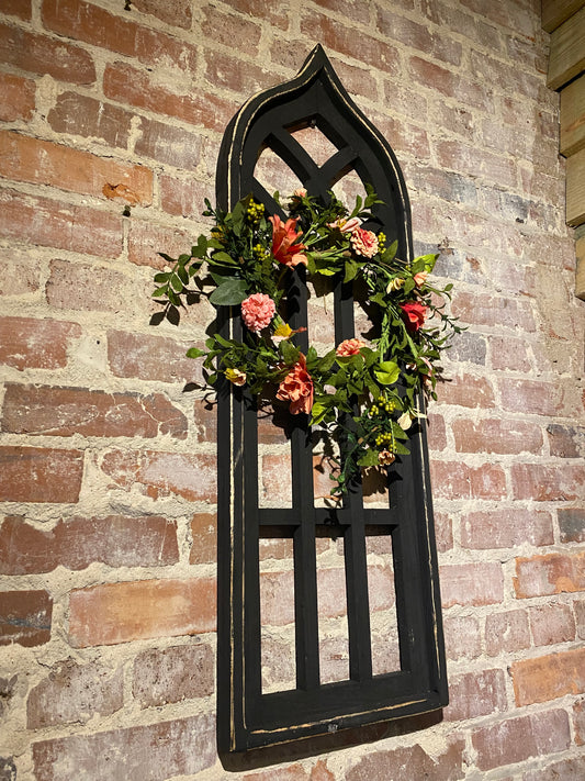 12 pane wooden window frame in caviar black, rustic wall decor piece with a distressed finish, perfect for farmhouse or vintage-inspired home interiors.