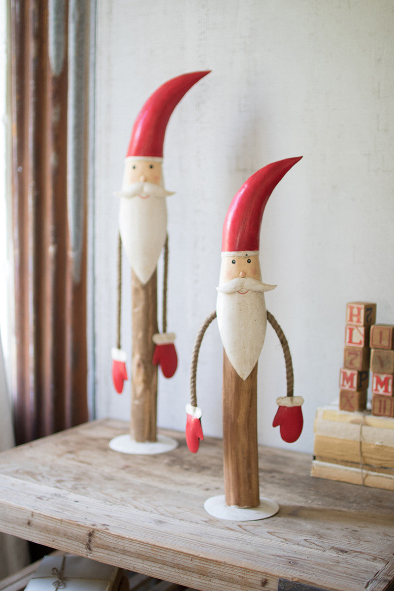 Set of 2 Painted Metal and Wood Tabletop Santas