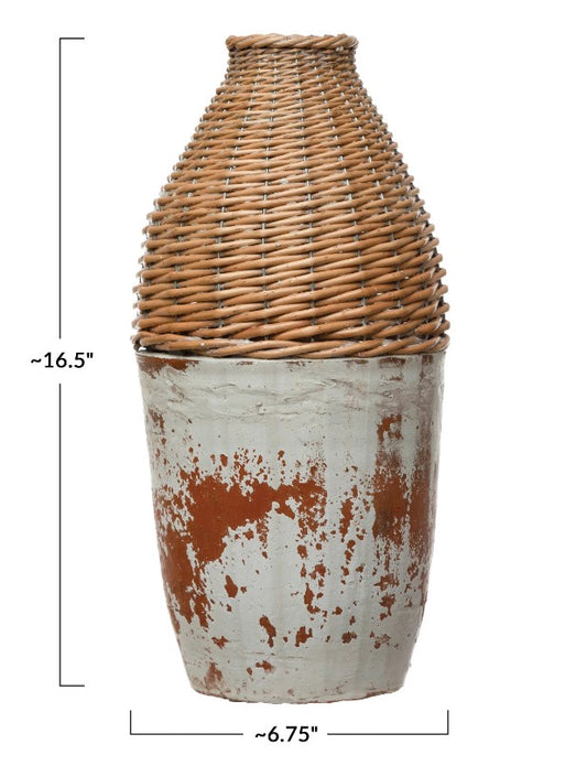 Distressed Hand-Woven Rattan and Clay Vase