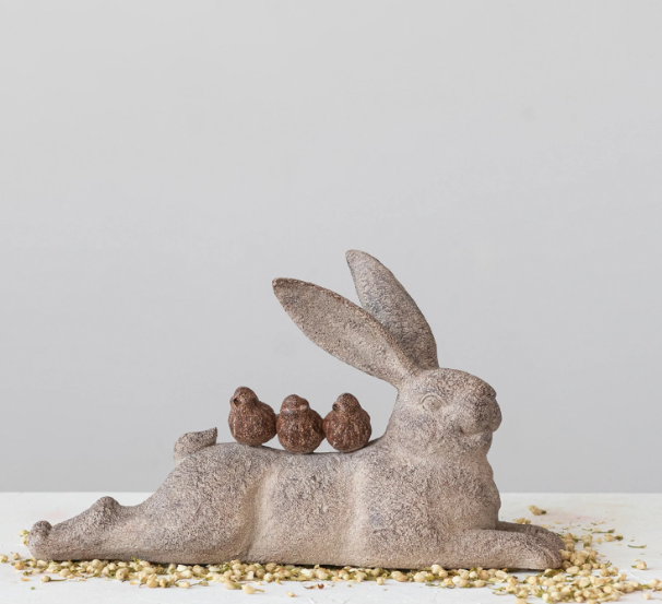 Resin Lying Rabbit w/ Birds, Distressed Finish, Brown