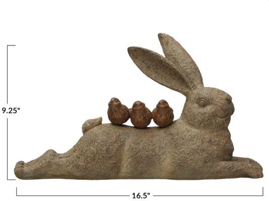 Resin Lying Rabbit w/ Birds, Distressed Finish, Brown