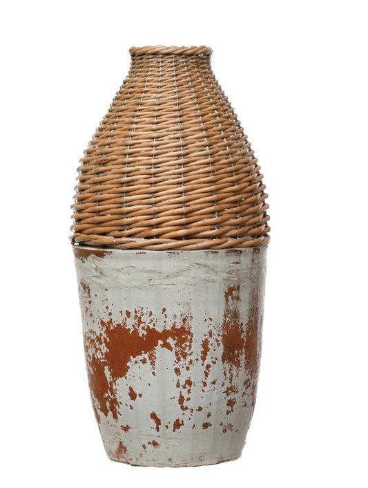 Distressed Hand-Woven Rattan and Clay Vase