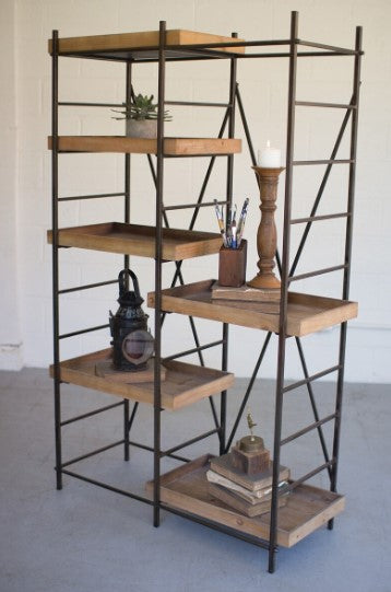 Iron Shelving Unit with Six Adjustable Wooden Shelves