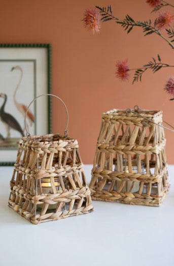 Set of 2 Seagrass Lanterns with Glass Inserts