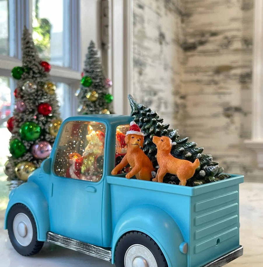 Santa in Blue Truck with Dogs - Snow Globe