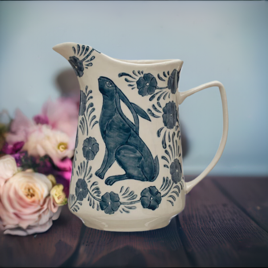 3 Quart Hand-Painted Stoneware Pitcher w/ Rabbit & Flowers, Blue & White